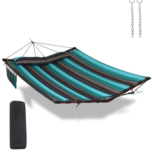 TegerDeger 12FT 2 Person Hammock with V Shaped Spreader Bar -Teal Stripes - color: Teal Stripes