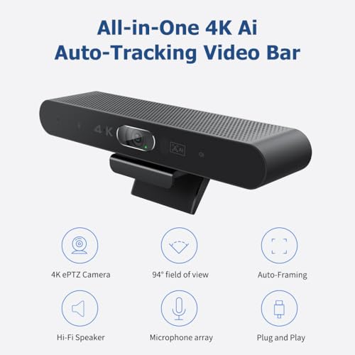Conference Room Camera, All-in-One 4K Webcam with Microphone and Speaker, AI Tracking and Auto Framing, Wide Angle of View, Plug and Play USB Webcam for PC, Mac, Meetings, Teams, Zoom & Webex - color: Black