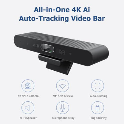Conference Room Camera, All-in-One 4K Webcam with Microphone and Speaker, AI Tracking and Auto Framing, Wide Angle of View, Plug and Play USB Webcam for PC, Mac, Meetings, Teams, Zoom & Webex - color: Black