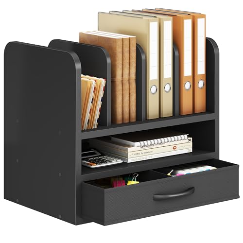 Desk File Organizer for Home, Office, School, Wooden Frame Desktop Storage Solution for Office Supplies, Documents, Papers, Folders and Stationery, Space-Saving and Stylish Document Sorter - color: Black-vertical