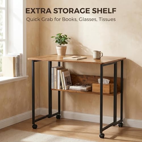 Mobile Foldable Desk w/Wheels and Feet Pads, Foldable Computer Desk, Folding Desk, Small Computer Desk for Small Spaces, Folding Table for Office Bedroom Living Room-Rustic Brown - color: Brown Folding Table