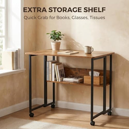 Mobile Foldable Desk w/Wheels and Feet Pads, Foldable Computer Desk, Folding Desk, Small Computer Desk for Small Spaces, Folding Table for Office Bedroom Living Room-Rustic Brown - color: Brown Folding Table