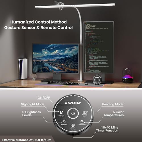 EYOCEAN Desk Lamp, 31.5" Desk Light for Home Office, Brightest 24W, Gesture Sensor & Remote Control, Dimmable & Color Temperature, Monitor Light Bar with Telescopic Rod, Height Adjustable