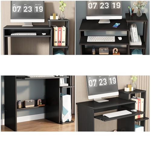 35" Compact Computer Desk with 3-Tier Storage Shelves & Keyboard Tray – Small Study Table for Bedroom or Home Office (Black) - color: Black