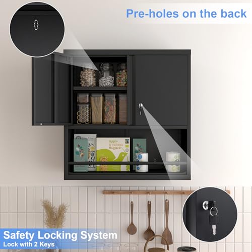 Metal Garage Storage Cabinets, Lockable Black Cabinet, Tool Cabinets Storage Wall Mounted, Hanging Cabinet with Guard Bar for Home Office, Basement - color: 30.7"h - Black
