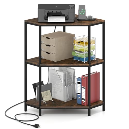 GIANTEX Corner Printer Stand, 3-Tier Corner Shelf with Charging Station and Metal Frame, Small Industrial Bookshelf, Printer Table for Living Room, Kitchen, Home Office (1)