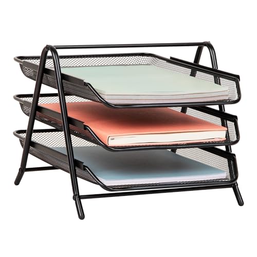 Mind Reader 3-Tier Paper Tray, Desktop Organizer, File Storage, Workspace, Office, Metal Mesh, 11.75"L x 13.75"W x 10"H, Black - color: Black