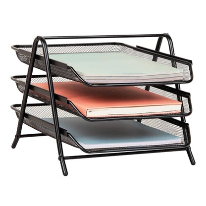 Mind Reader 3-Tier Paper Tray, Desktop Organizer, File Storage, Workspace, Office, Metal Mesh, 11.75"L x 13.75"W x 10"H, Black - color: Black