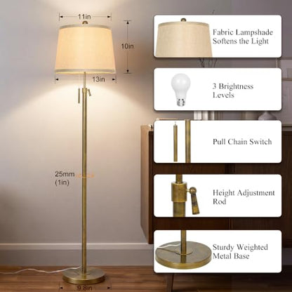 Antique Brass Floor Lamp Adjustable Height 55" to 65" Tall 3 Brightness Way - color: Antique Brass+Beige Shade