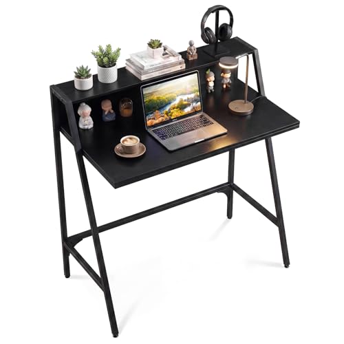 GIANTEX 31.5” Small Computer Desk, Industrial Writing Desk with Raised Storage Shelf & Heavy-Duty Metal Frame, Compact Study Desk Computer Workstation for Bedroom Dorm (Black) - color: Black