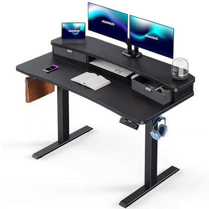 HUANUO 48″ x 28″ Electric Standing Desk with 2 Drawers, C-Clamp Mount Compatible, Height Adjustable Computer Desk, Home Office Stand Up Desk with 4 Preset Heights & 2 Hooks, Black - color: Black, size: 48" X 28"