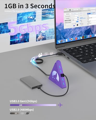 Deep Purple 7-Port USB 3.0 Hub, RGB Vertical Gaming USB Hub Tower with 5Gbps Data Transfer, 2FT Cable - USB Hub Splitter for PC, MacBook, Laptop, PS5, Flash Drives - color: Deep purple