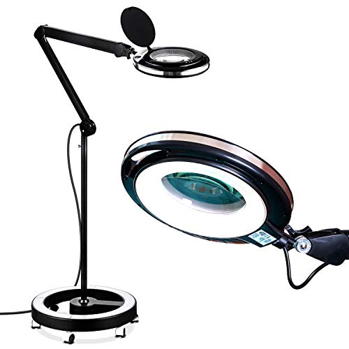 Brightech Lightview Pro Magnifying Glass with Stand & Light, Magnifying Floor Lamp with 6-Wheel Rolling Base for Facials & Lashes – Dimmable LED Work Light for Crafts, Sewing, and Projects - 5 Diopter - color: Black