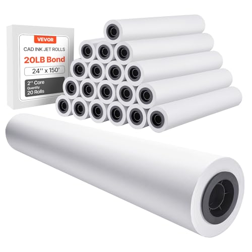 VEVOR Wide Format Paper, 24 in x 150 ft Plotter Roll, 20 Rolls CAD Bond Rolls with 2 in Core, 20 LB Bond Paper Rolls, Ideal for CAD Drawings, Engineering Plans, GIS Maps, and Architectural Designs - size: 24 in x 150 ft, style: 20 Rolls