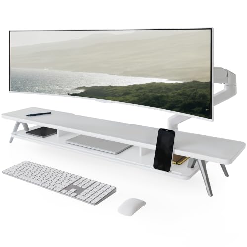 Fenge Dual Monitor Stand Riser, Wooden Desk Shelf with 2-Tier Storage - color: White, size: 47.2 Inch