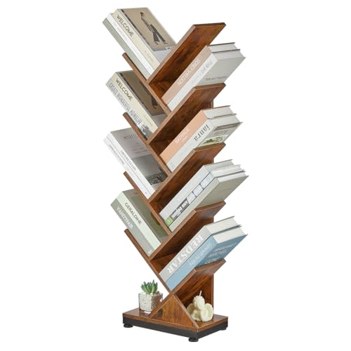 ruboka 9-Tier Tree Bookshelf Storage Organizer Display Rack | Floor standing Bookcase, sturdy wood, space-saving. Ideal Book Shelf for living room, bedroom, office. Holds magazines, CDs. - color: Brown, size: 9 Tier
