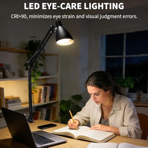 Swing Arm Desk Lamp with Clamp, Adjustable Arm LED Clamp on Desk Lamps with 5 Color Modes and 10 Brightness for Home Office Reading Drafting Study (Black) - color: Black