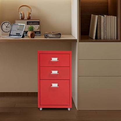 3 Drawers File Cabinet, 16 * 11 * 18.9In Aluminum Alloy Mobile Filing Cabinet Rolling Filing Cabinets Rectangular Storage Cabinets with Lock&4 Wheels for Kitchen Bedroom Living Room (Red) - color: Red