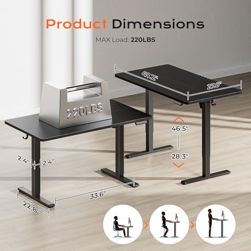 Huuger 48 x 28 Large Electric Standing Desk, Height Adjustable Desk, 27.6" Deep Desktop, Stand up Gaming, 2 Hooks, 3 Preset Heights, for Home Office, Black - color: Black, size: 48*28 inch (no outlets)