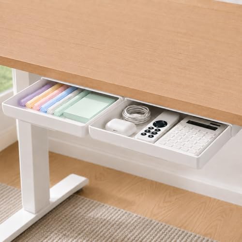 Under Desk Drawer, 2 Pack Self Adhesive Slide Out Desk Storage Drawers | Hidden Desk Drawer Organizer Attachment for Pens, Notes, Earbuds, Cables and Small Office Accessories, White - color: White