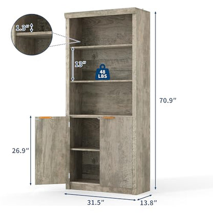 Modern Tall Book Shelf and Bookcase, 31.5"Wide Bookshelf with Doors, Farmhouse Book Case with Adjustable Top Shelf, Wood Storage Cabinet with 5 Tier Display Shelves for Home Office, Living Room,Grey | Farmhouse Book Case with Storage, Wood Storage Cabinet