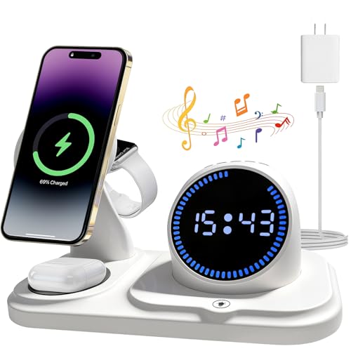 6-in-1 Wireless Charging Station with Bluetooth Speaker,Digital Clock and Ambient Lights,Fast Wireless Charger for Multiple Devices for Apple - iPhone 17 16 15 14 13 12 Pro Max Apple Watch Airpods