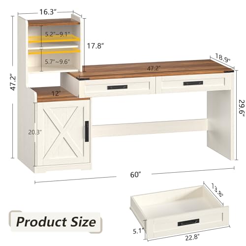 60" Computer Desk with Drawers & Bookshelves for Bedroom, Home Office - color: Antique White