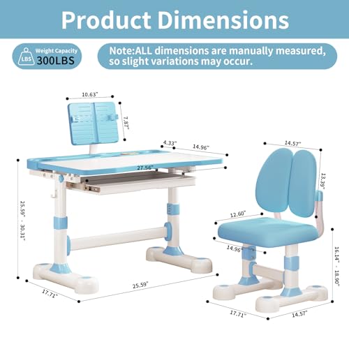 Kids Adjustable Desk and Chair Set 3-12, Children School Study Desk-11BLUE | Height Adjustable | 50° Tilt Desktop | Book Stand & Metal Hook & Storage Drawer | Writing Drawing Table for Boys and Girls - color: 110-blue-27.5in