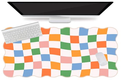 L-SPOUTTO Checkered Mouse Pad,Scalloped Groovy Desk Mat XXL Gaming Mousepad | Geometric Large 35.4x15.7in Non-Slip Rubber Base Keyboard Pad Waterproof Desktop Mat for Laptop Computer Game Home Office - color: Colorful Checkered
