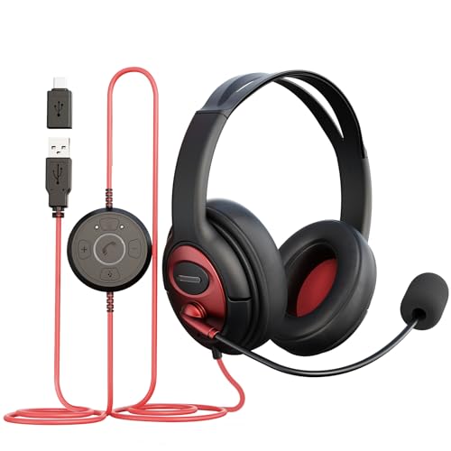 MAIRDI USB Headset with Microphone, Wired PC Headset, USB-A & USB-C Computer Headset with Mic Noise Canceling for Laptop Teams Office Work CallCenter Business Dragon Naturelly Speaking
