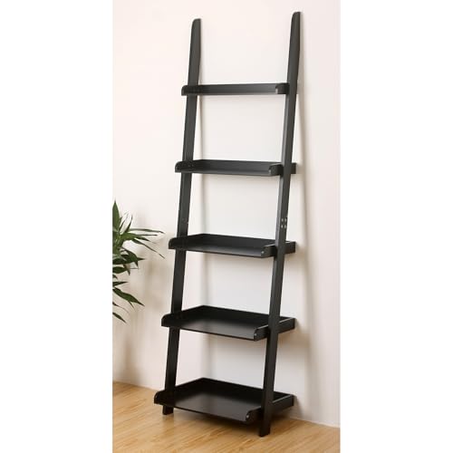 Modern 5 Tier Leaning Wall Ladder Bookshelf, Black, 70 Inches | Storage Rack, Organizer - color: Black