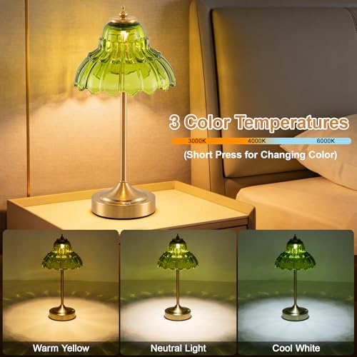 Cordless Table Lamp, Touch Control, 6000mAh Rechargeable Battery-Operated Portable Lamp, 3 Color Temperatures & Stepless Dimming, Vintage Bedside Lamp for Bedroom, Office & Desk, Green Lotus - color: Flower Green