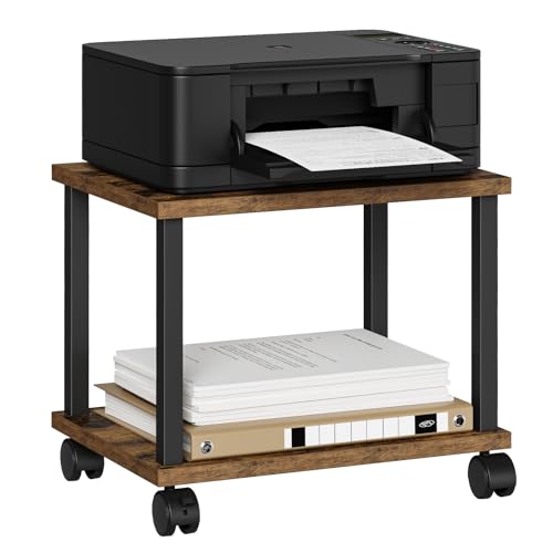 Asgolion Printer Table, 2-Tier Under Desk Printer Stand, Printer Cart | Printer Stand with Wheels, Printer Shelf for Small Spaces, Printer Cart for Home Office, Rustic Brown - color: Rustic Brown, size: Small without Charger