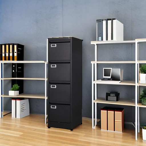 4 Drawer File Cabinet with Lock Metal Vertical File Cabinet Office Home Vertical File Cabinet for A4 Legal/Letter Size Narrow File Cabinet Locked,Assembly Required (Black, 4 Drawers- Vertical) - color: Black, size: 4 Drawers