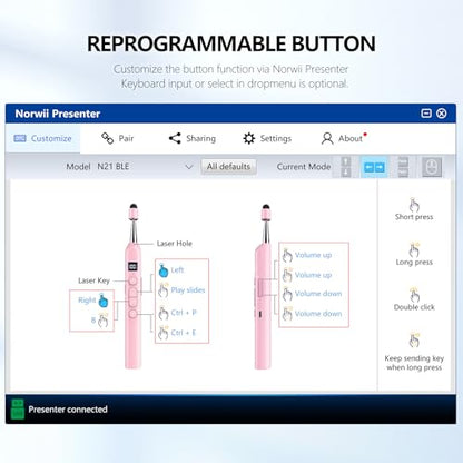 N21 Bluetooth Presentation Clicker for PowerPoint with Retractable Pointer | ①Laser Pointer②Telescopic touch pen③Countdown timer, vibration alert ④Customizable Button ⑤Rechargeable;battery level display - color: Pink - Red Pointer