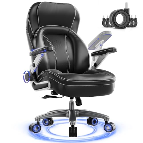 Big and Tall Office Chair, Heavy Duty Desk Chair with 5D Arms, Adjustable Lumbar Support & Height, Tilt Function, PU Leather High Back Ergonomic Executive Computer Chair - color: Black