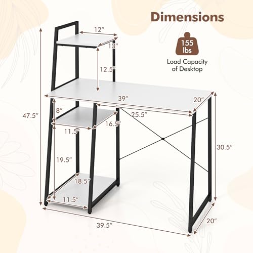 MAT EXPERT Computer Desk with Ladder Shaped Shelves, Compact Home Office Desk w/Monitor Stand & Adjustable Foot Pads, Modern Writing Study Desk PC Laptop Workstation for Home Office (White) - color: White