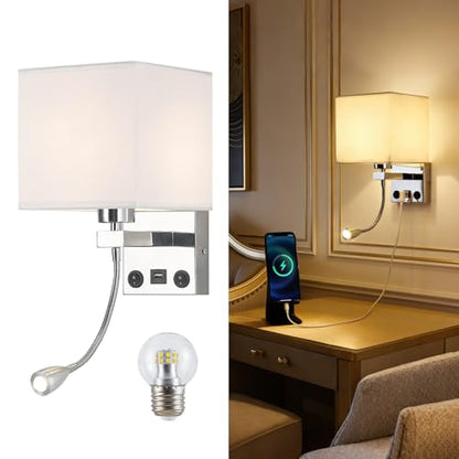 Sconces Wall Lighting Hardwired Modern Wall Lights for Bedroom with USB Port and Reading Lamp, Bedside Wall Lamps for Hotel, Living Room, Office (Silver) - color: Chrome+Reading Light