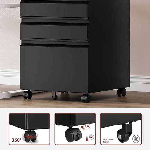 RAVIGIN 3 Drawer File Cabinet，Mobile Filing Cabinet with Lock and Wheels，Un-Assembled Metal Under Desk File Cabinets for A4/Letter/Legal Size（Black - color: Black, style: 3 Drawer-Un-Assembled