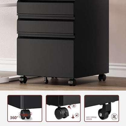 RAVIGIN 3 Drawer File Cabinet，Mobile Filing Cabinet with Lock and Wheels，Un-Assembled Metal Under Desk File Cabinets for A4/Letter/Legal Size（Black - color: Black, style: 3 Drawer-Un-Assembled