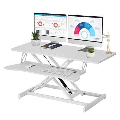 37 Inch Standing Desk Converter, Height Adjustable Desktop Standing Desk, Stand Up Riser Compatibles with 2 Computer, Stand Up Converter Laptop Workstation to 18.8" Tall, Black - color: White