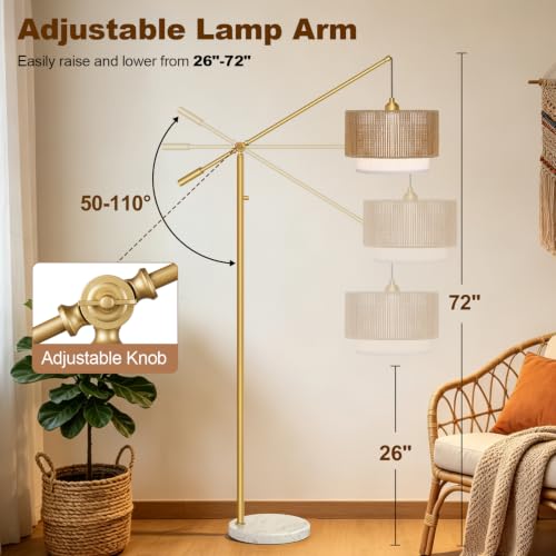 【Upgraded】Boho Dimmable Floor Lamp with Adjustable Swing Arm, 1100 Lumens Bulb Included, Modern Standing Lamp with Rattan & Fabric Shades, Tall Arc Floor Lamp for Living Room Bedroom, Gold, Heavy Base - color: Bohemian-Gold-Heavy Base