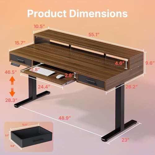 HUANUO 55″ x 26″ Electric Standing Desk with 2 Drawers &24.4″ Large Keyboard Tray, C-Clamp Mount Compatible, Adjustable Computer Desk for Office, Sit Stand Up Desk with 4 Height Presets, Deep Walnut - color: Deep Walnut, size: 55*26 inch