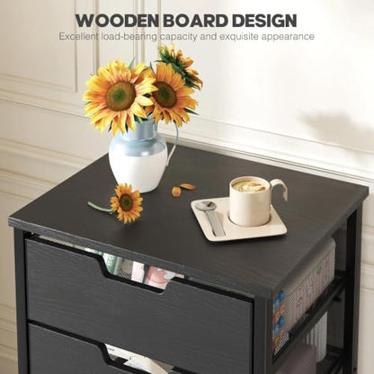 Rolling Cart with Drawers, Wooden Top and Front | Metal Under Desk Storage Cart with 4 Drawers and Wheels, for Office, Bedroom, Classroom, Home, Black - color: Black