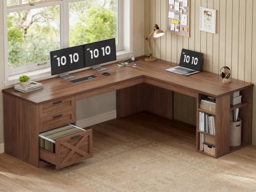 SEDETA 67" Farmhouse Executive L Shaped Desk with 3 Drawers - color: Brown, size: L Shaped Desk (67")