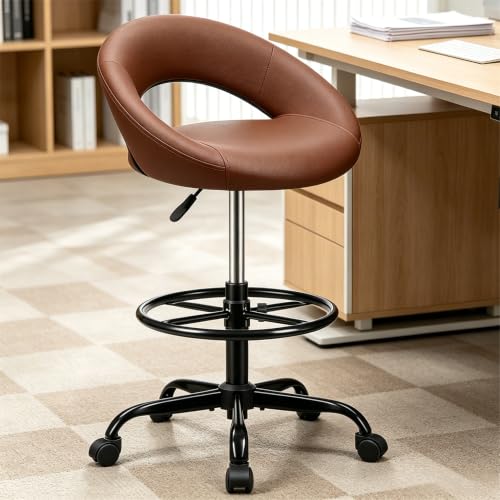 Rolling Bar Stool with Back Support & Wheels, PU Leather Brown | Drafting Chair with Adjustable Foot Rest, 360° Swivel Tall Stool for Office Kitchen Island Salon Garage Vanity Standing Desk - color: Brown, size: 1 Pack