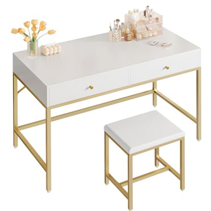SUPERJARE 43-inch Modern White & Gold Desk - 2 Drawer Vanity - color: Gold and White, size: 43.3 inch