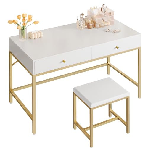 SUPERJARE 43-inch Modern White & Gold Desk - 2 Drawer Vanity - color: Gold and White, size: 43.3 inch