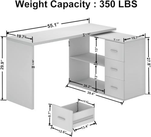 HSH White L Shaped Computer Corner Desk with 3 Storage Drawers 55 inch | Reversible Home Office Corner Desk with 2 Open Side Shelves Modern Wood Executive L Desks for Bedroom,Study Workstation - color: White Oak, size: 55 Inch