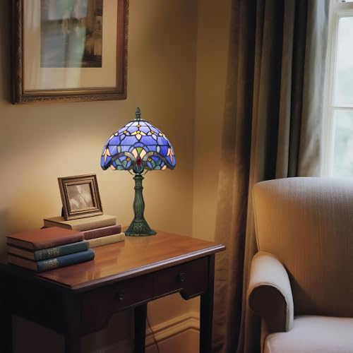 8 Inch Small Tiffany Style Table Lamp with Remote Control, Blue Baroque - color: Blue Baroque